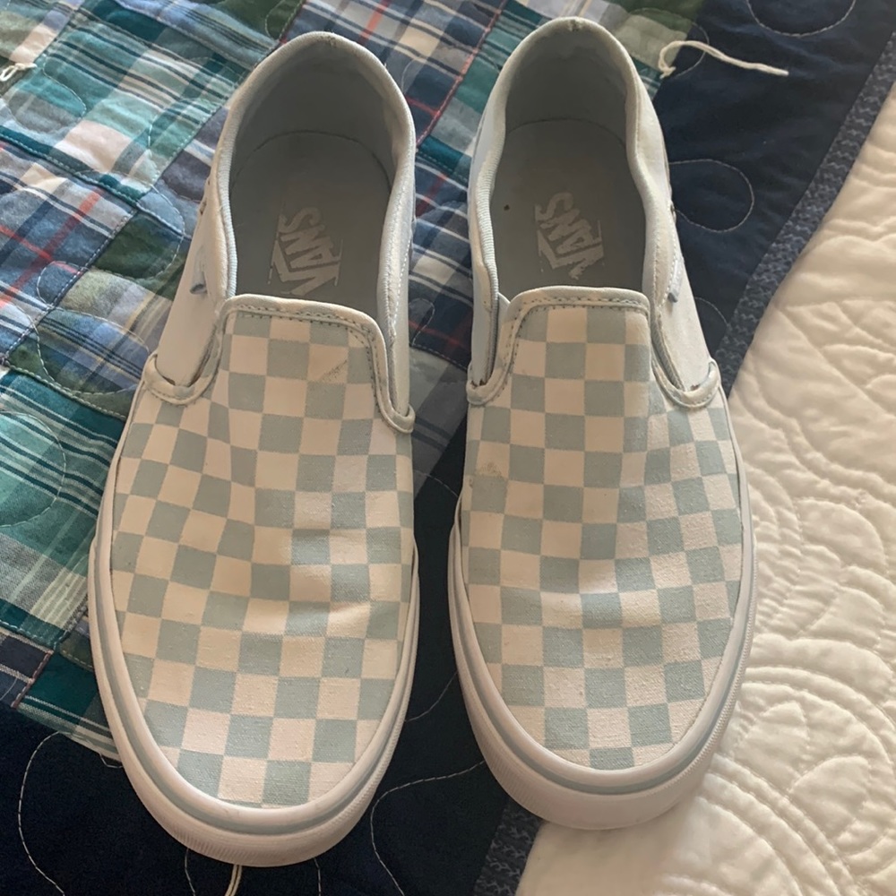 Light blue & White checkerboard Vans slip-ons